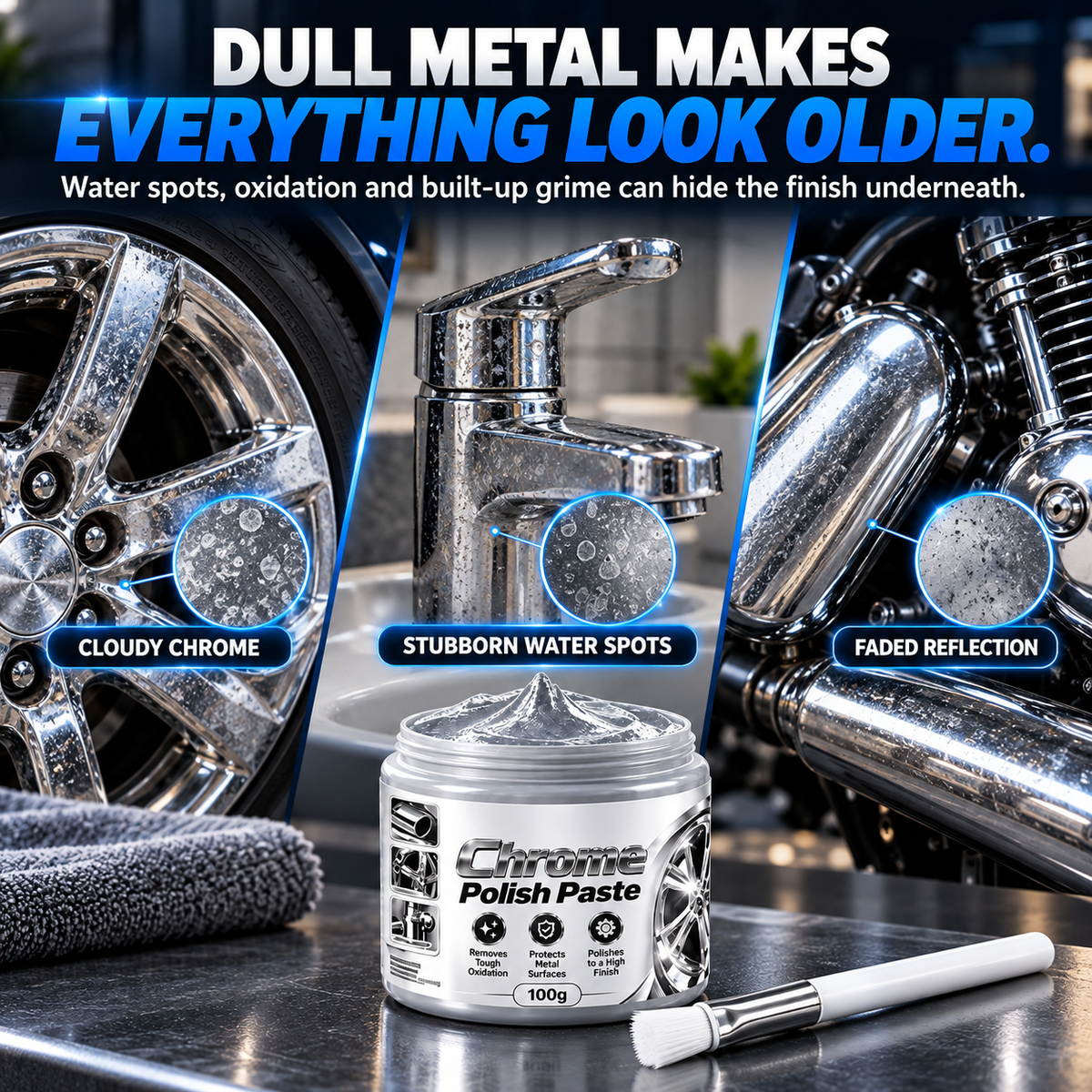 Metal Chrome Polish & Restorer Paste with Brush