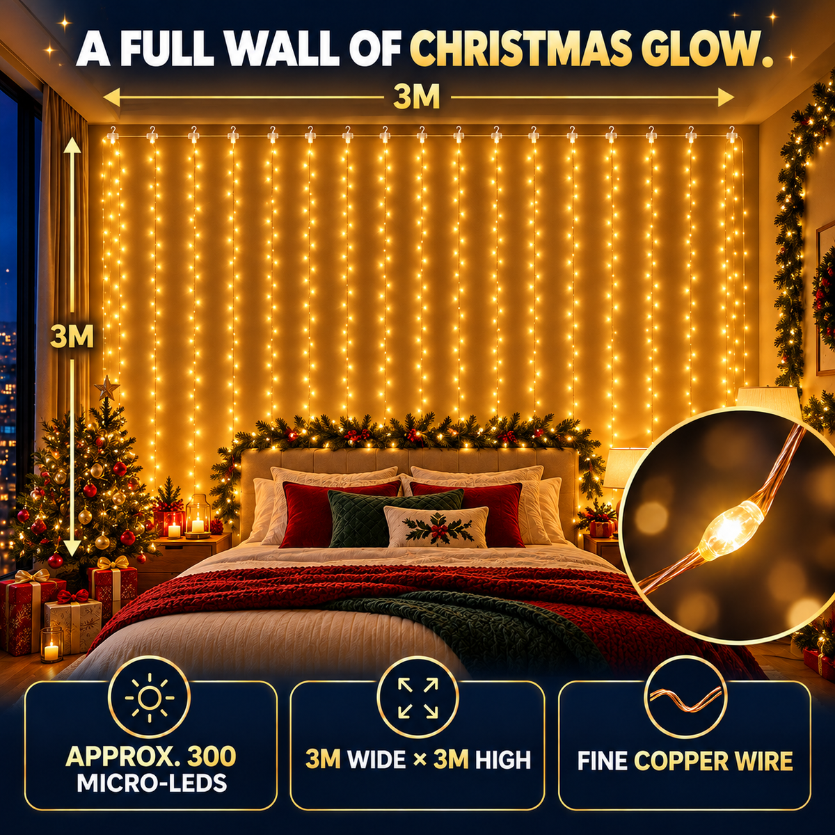 USB-Powered Dimmable LED Copper Wire Curtain Lights with Remote Control