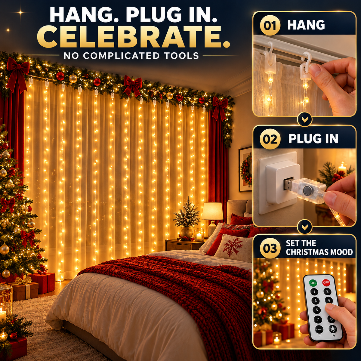 USB-Powered Dimmable LED Copper Wire Curtain Lights with Remote Control