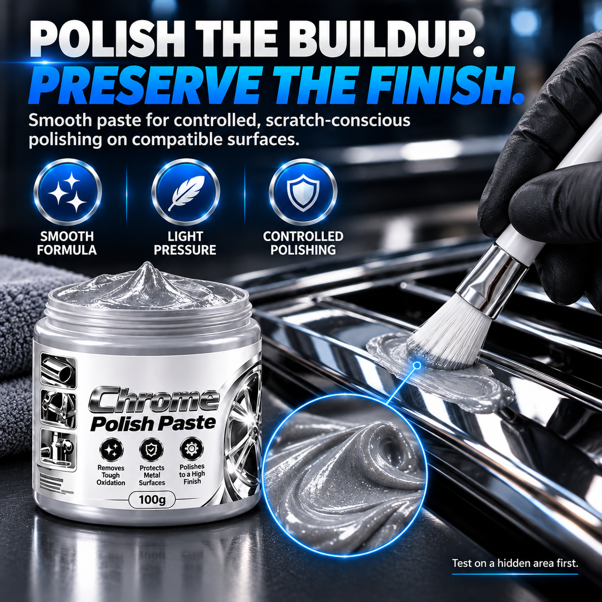 Metal Chrome Polish & Restorer Paste with Brush