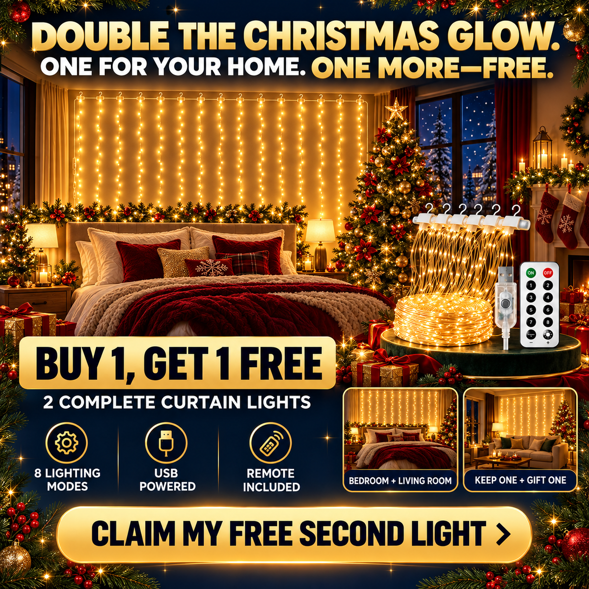 USB-Powered Dimmable LED Copper Wire Curtain Lights with Remote Control